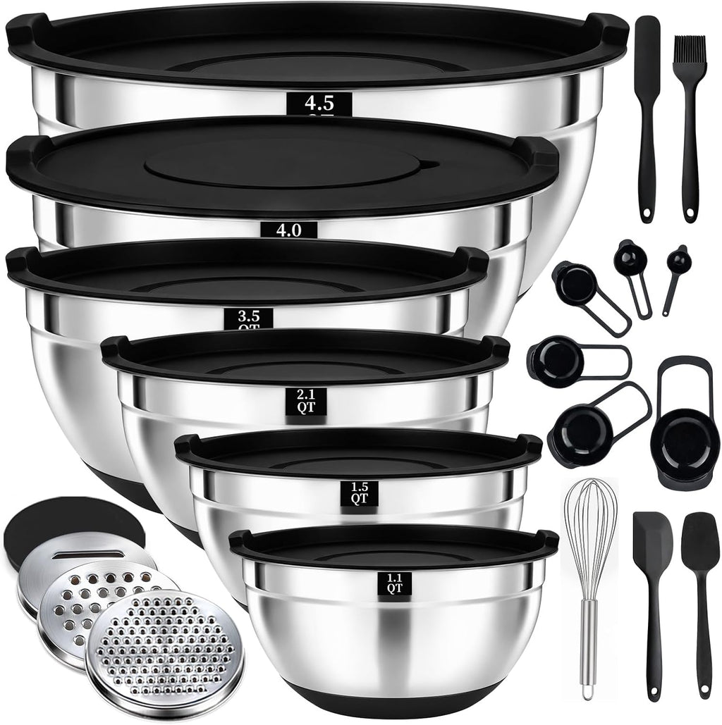 21 PCS Black Mixing Bowls with Lids Set, Size 4.5, 4, 3.5, 2.1, 1.5, 1.1 QT for Baking