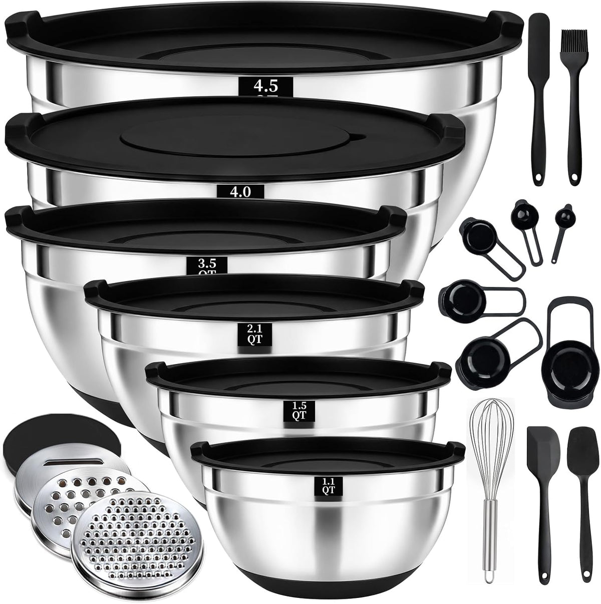 21 PCS Black Mixing Bowls with Lids Set, Size 4.5, 4, 3.5, 2.1, 1.5, 1.1 QT for Baking
