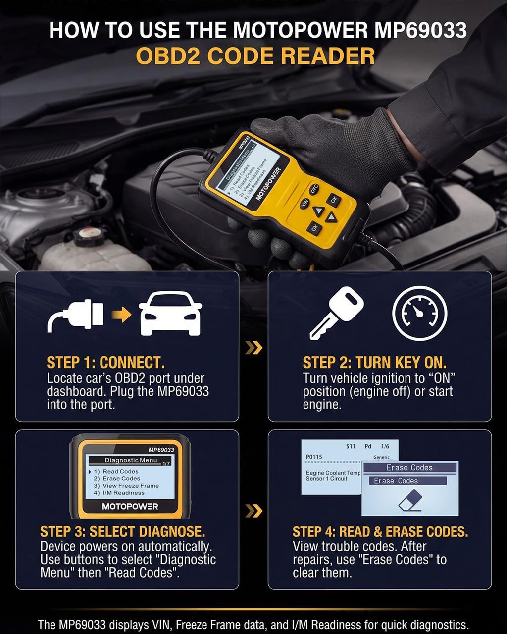 MOTOPOWER MP69033 Car OBD2 Scanner Code Reader Engine Fault Scanner CAN