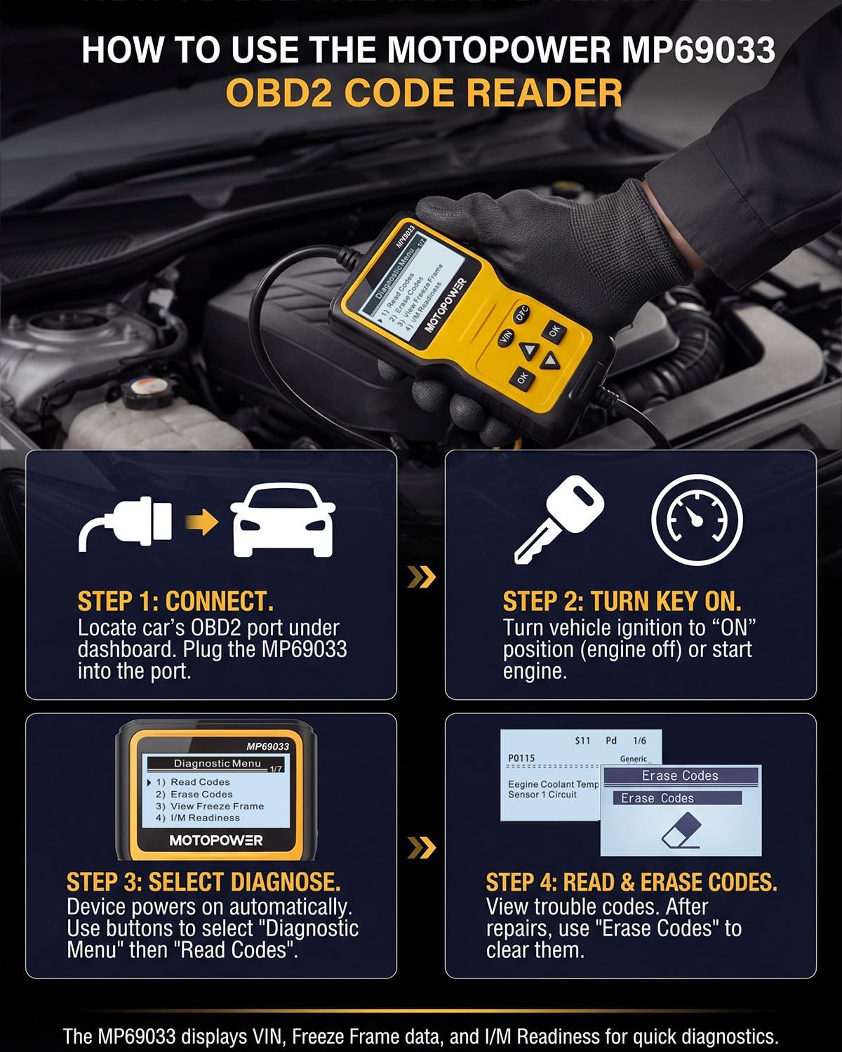 MOTOPOWER MP69033 Car OBD2 Scanner Code Reader Engine Fault Scanner CAN