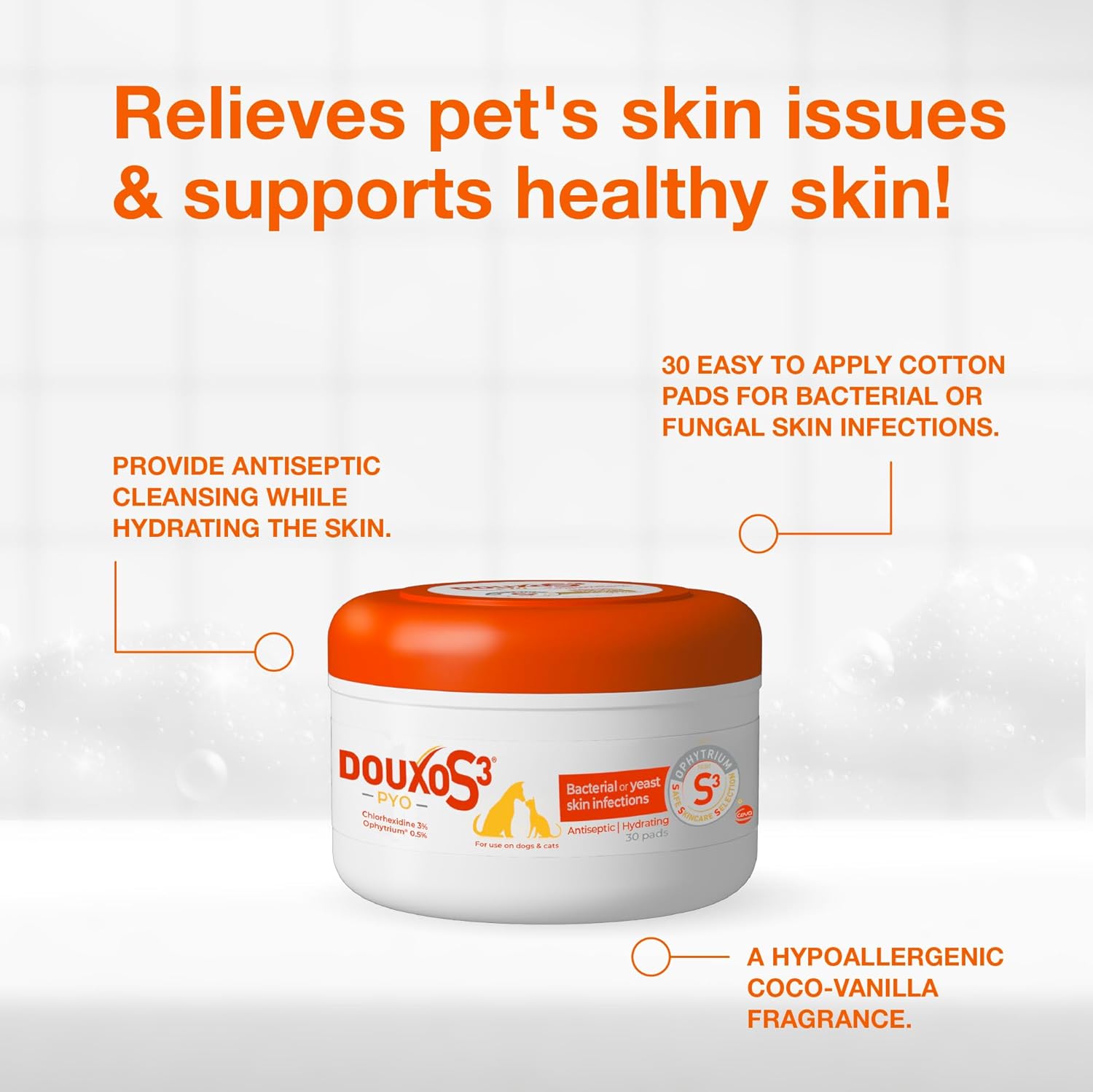 Douxo S3 Pyo Pads, Contains 3% Chlorhexidine & 0.5% Ophytrium, Antiseptic &