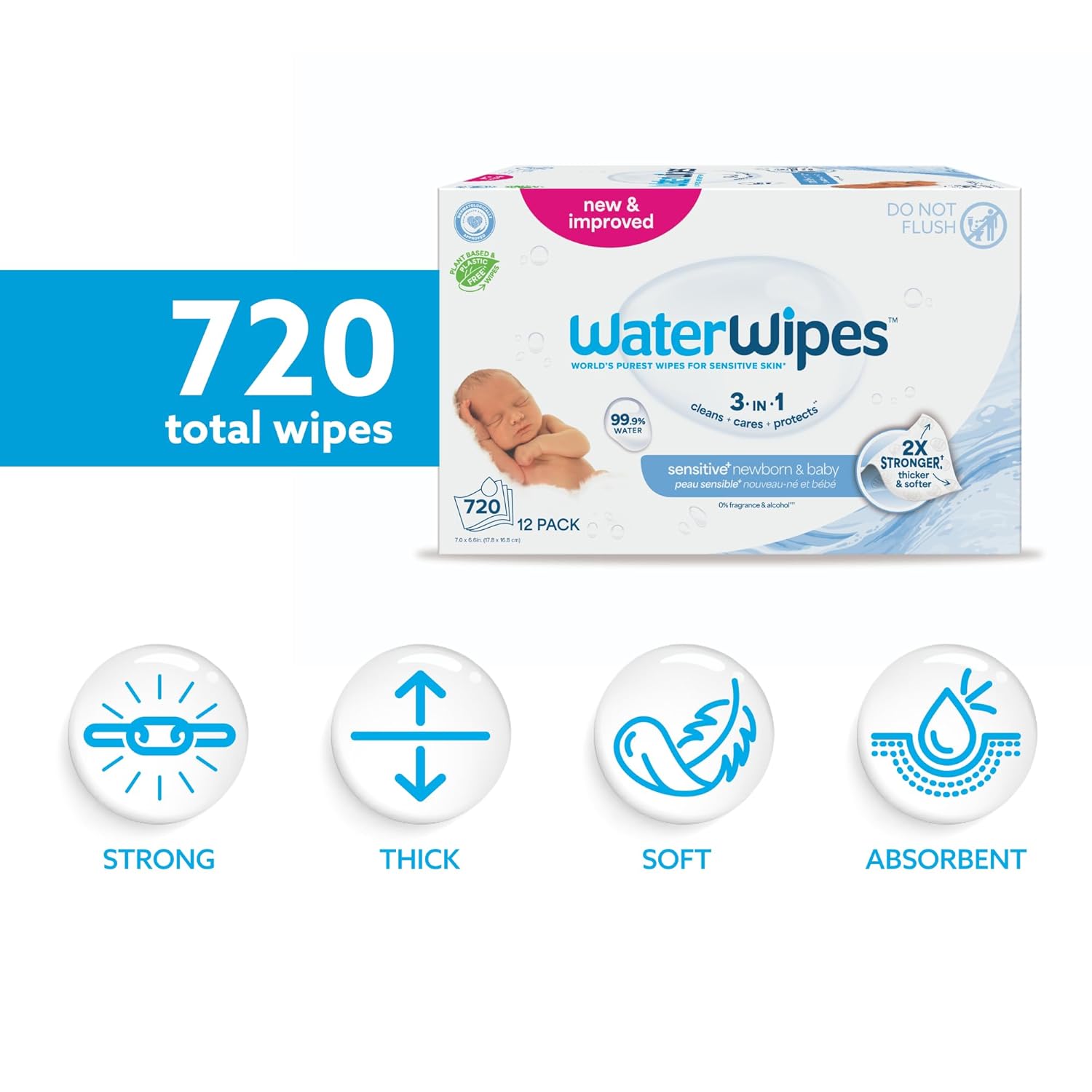 WaterWipes Sensitive+ Newborn & Baby Wipes, 3-In-1 Cleans, Cares, Protects