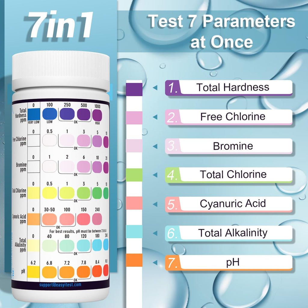 EASYTEST 7-Way Pool Test Strips, 150 Strips Water Chemical Testing for Hot