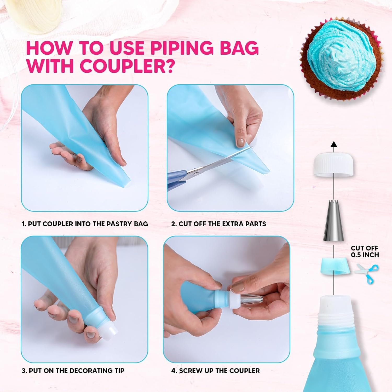 Riccle Piping Bags and Tips Set, 11.8 Inch 100 Anti Burst Piping Bags, 124