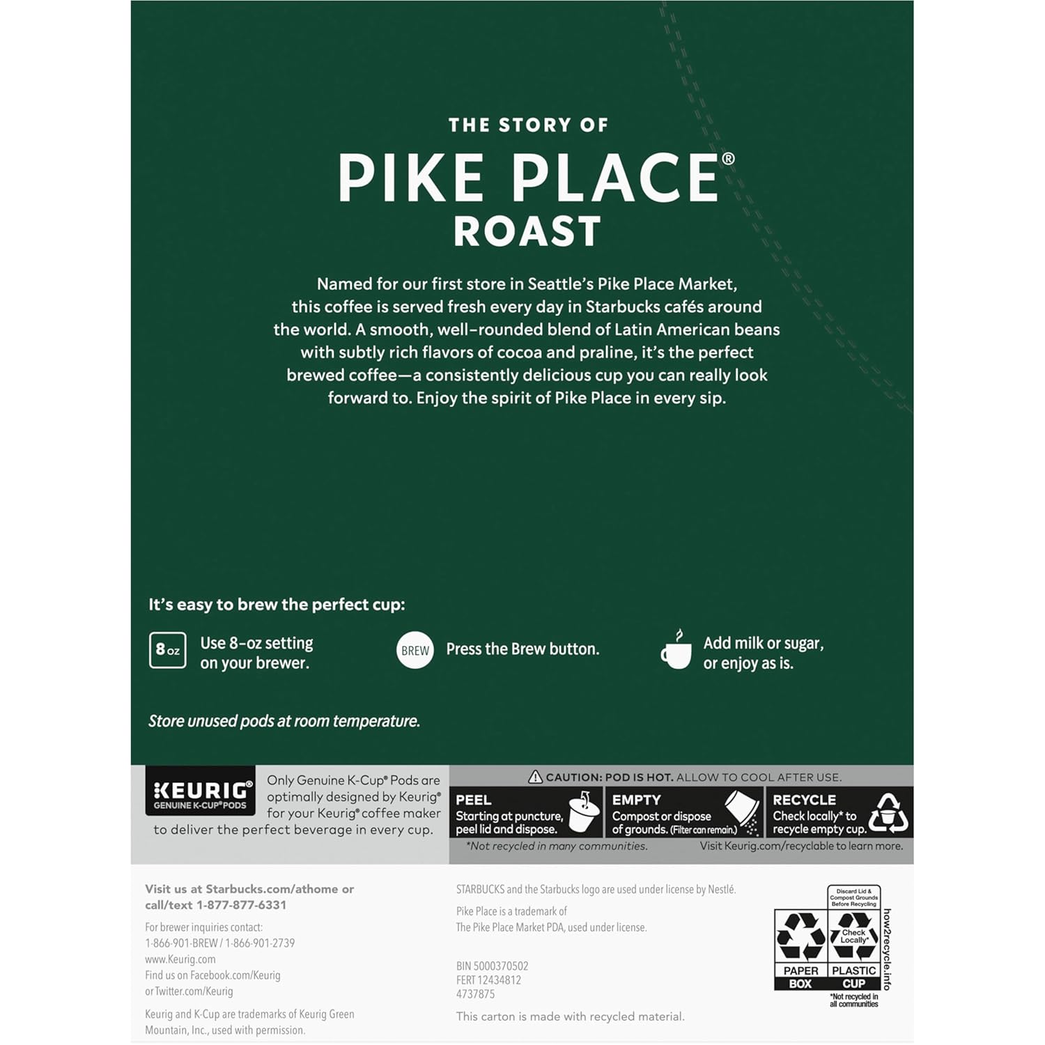 Starbucks K-Cup Coffee Pods, Medium Roast Hot or Iced Coffee, Pike Place