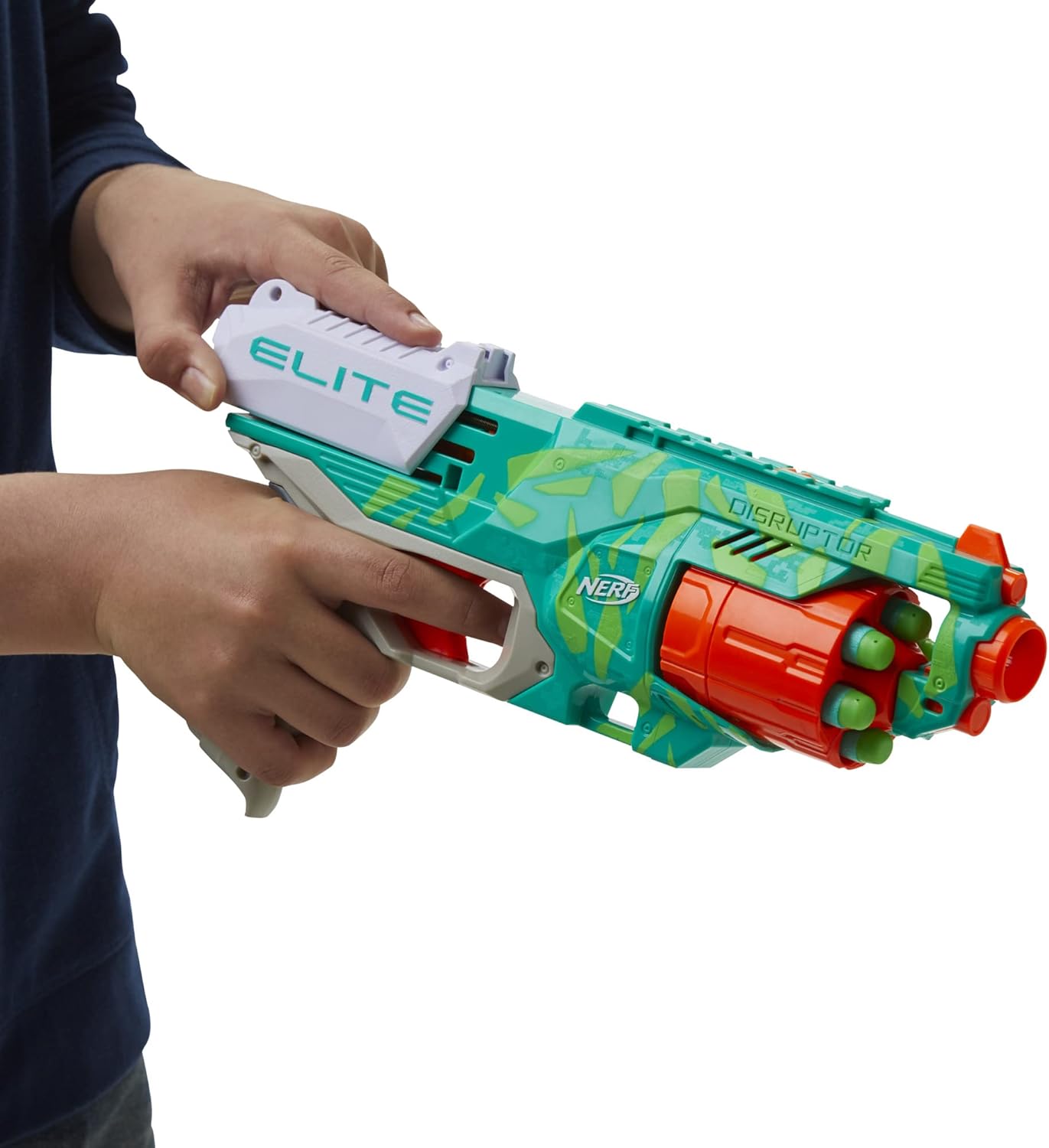NERF Elite Disruptor Dynamic Green Dart Blaster, Rotating Drum, Slam Fire