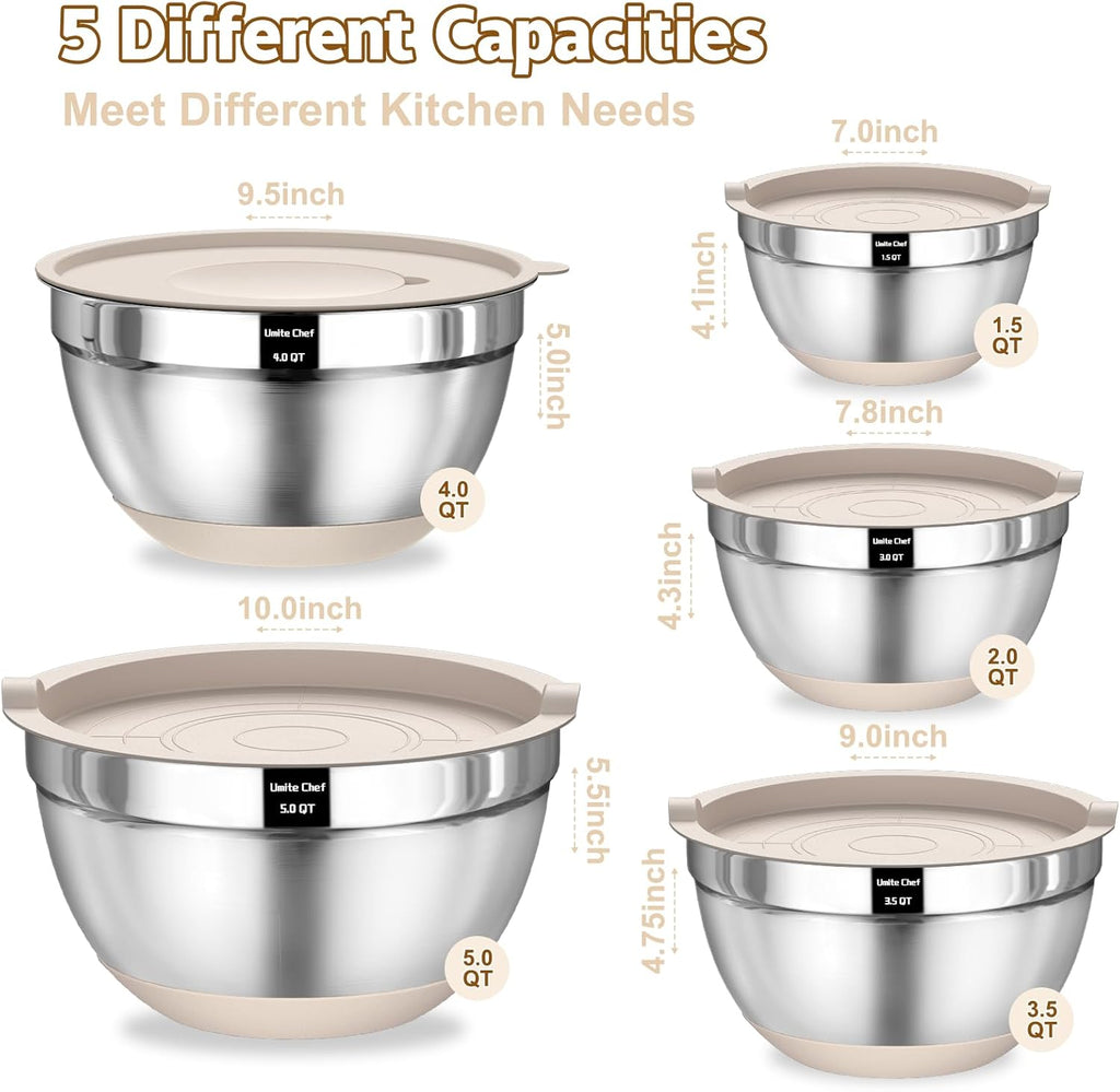 Umite Chef Mixing Bowls with Airtight Lids Set, 8PCS Stainless Steel Khaki