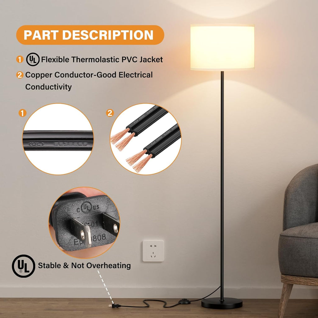 Modern Floor Lamp Simple Design with White Shade, Foot Pedal Switch, 60"