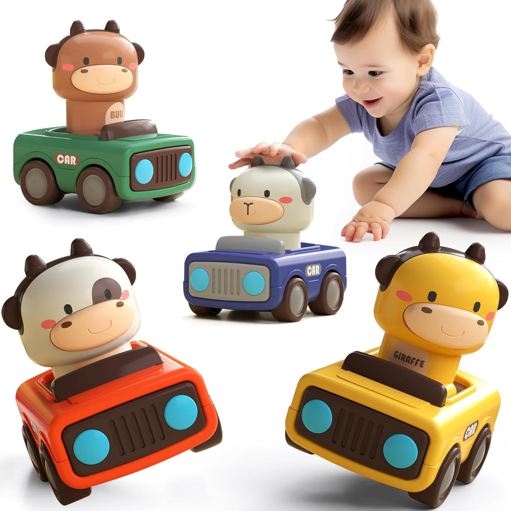 iPlay, iLearn Press to Go Car Toys for Toddlers 1-3, Baby Animal Racing Cars