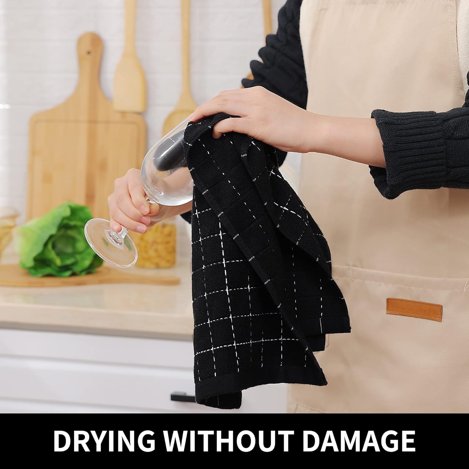 Homaxy 100% Cotton Terry Kitchen Towels(Black, 13 x 28 inches), Checkered