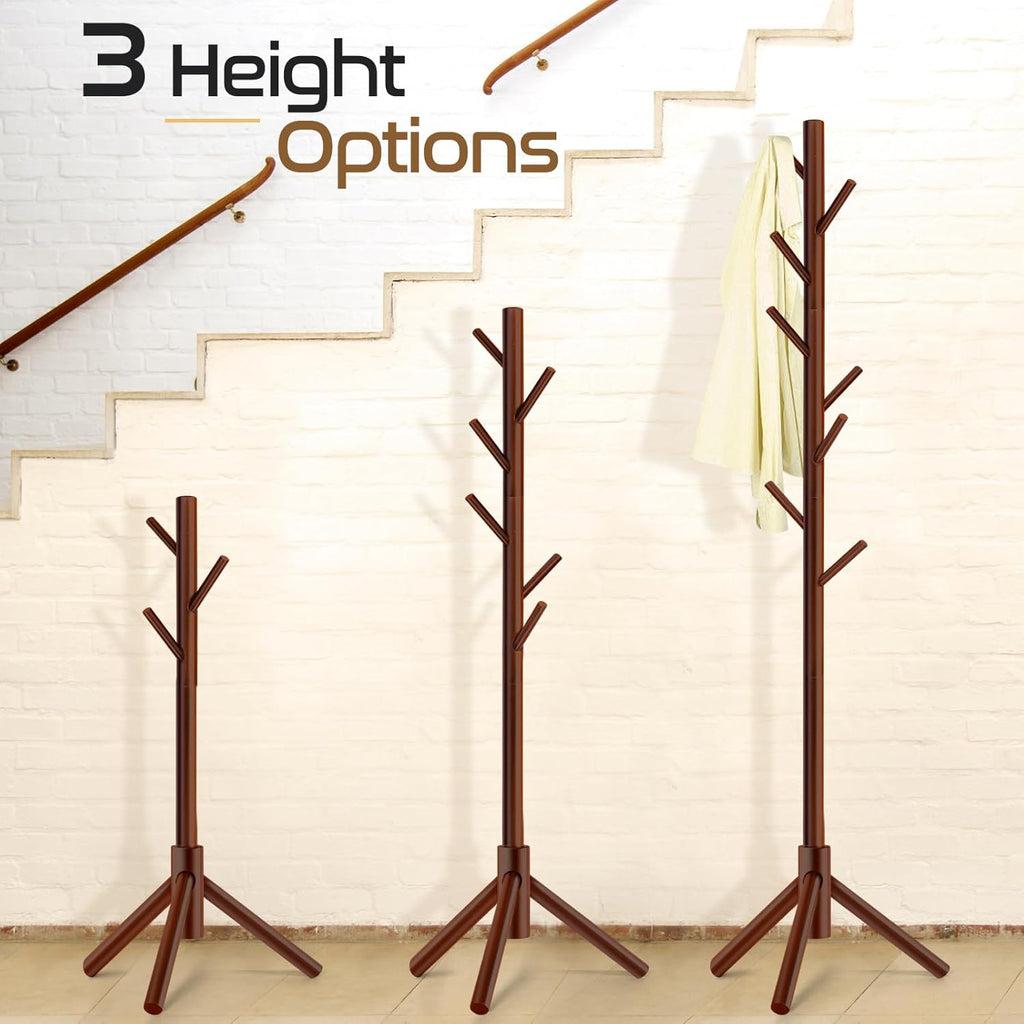 Solid Wooden Coat Rack Freestanding, New Zealand Pine Coat Tree with 8 Hooks
