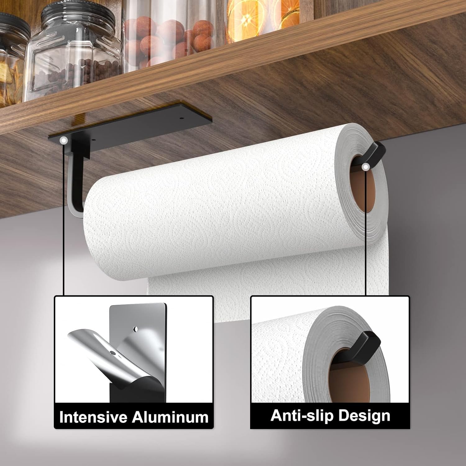 Paper Towel Holder - Self-Adhesive or Drilling, Matte Black, Upgraded