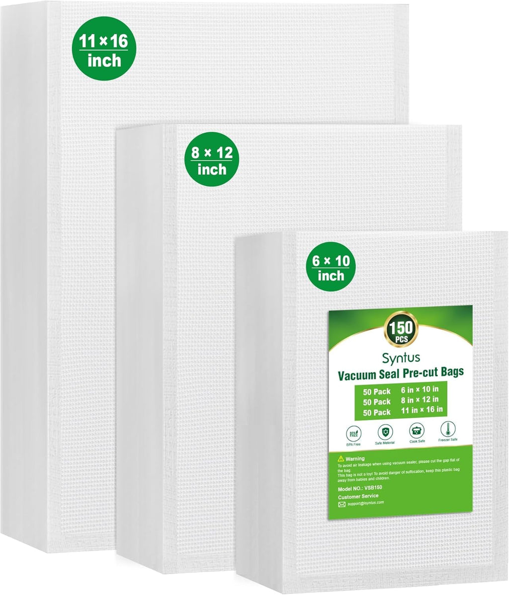 Syntus Vacuum Sealer Bags, 150 Gallon 11" x 16" and Quart 8" x 12" and Pint