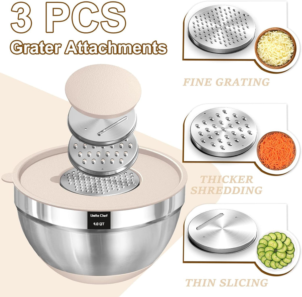 Umite Chef Mixing Bowls with Airtight Lids Set, 8PCS Stainless Steel Khaki