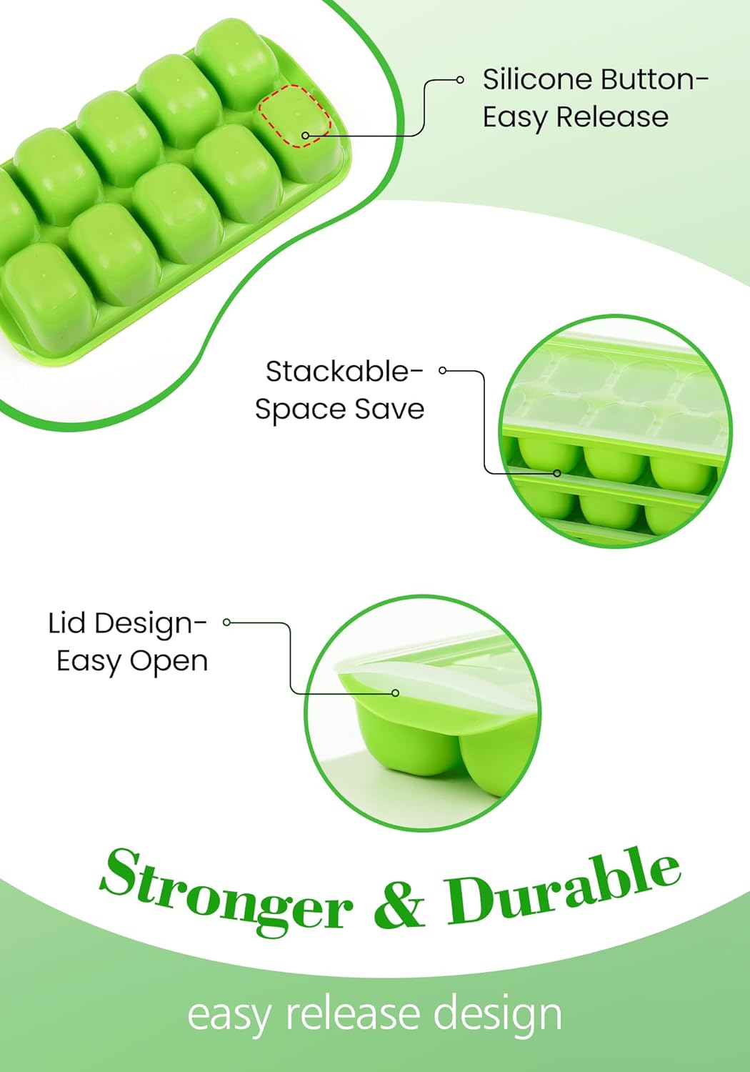 DOQAUS Ice Cube Tray with Lid and Bin - 4 Pack Ice Bucket Kits, Stackable