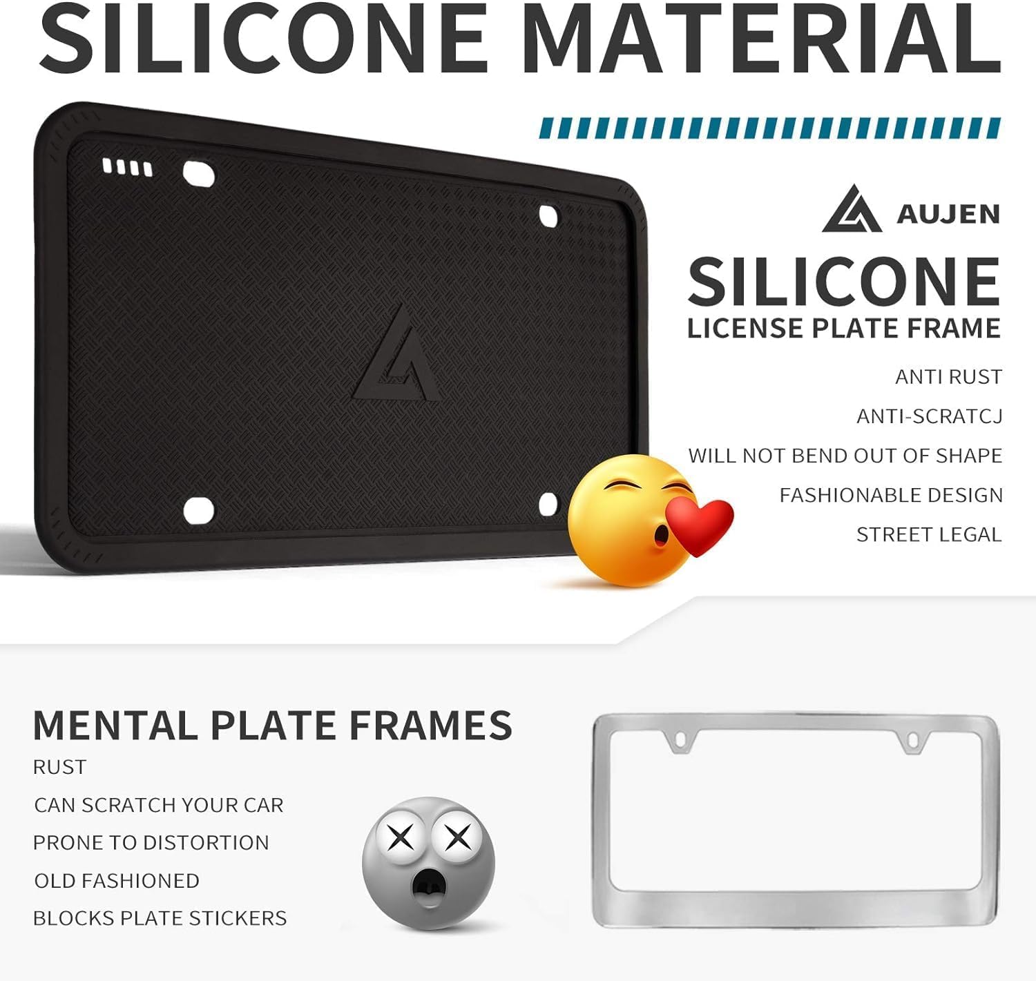 Aujen Silicone License Plate Frames Black, 2 Pack Car License Plate Frame