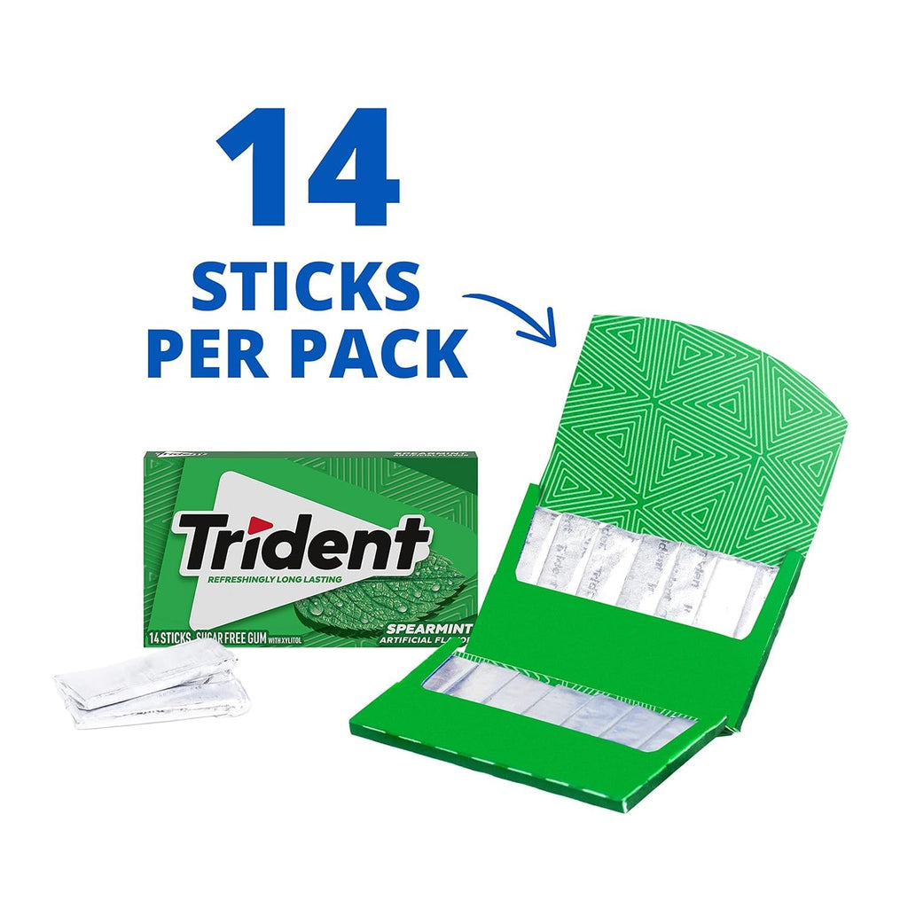 Trident Spearmint Sugar-Free Chewing Gum, 12 Packs of 14 Pieces (168 Total