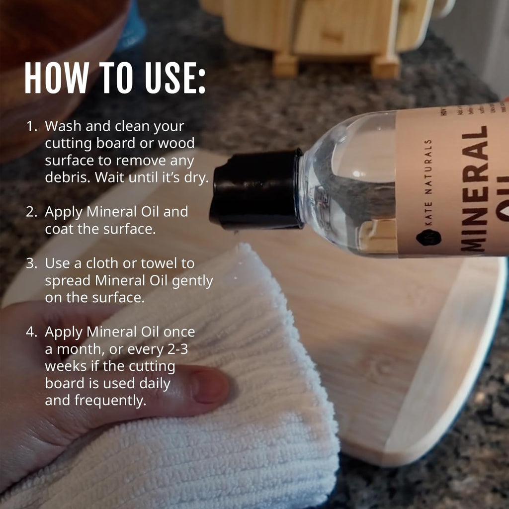 Kate Naturals Mineral Oil for Wood Cutting Board, Butcher Block, and Knife.