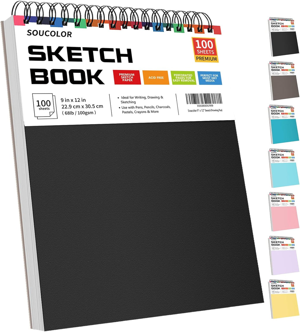 Soucolor 9" x 12" Sketch Book, 100 Sheets Top Spiral Bound Sketchbook with