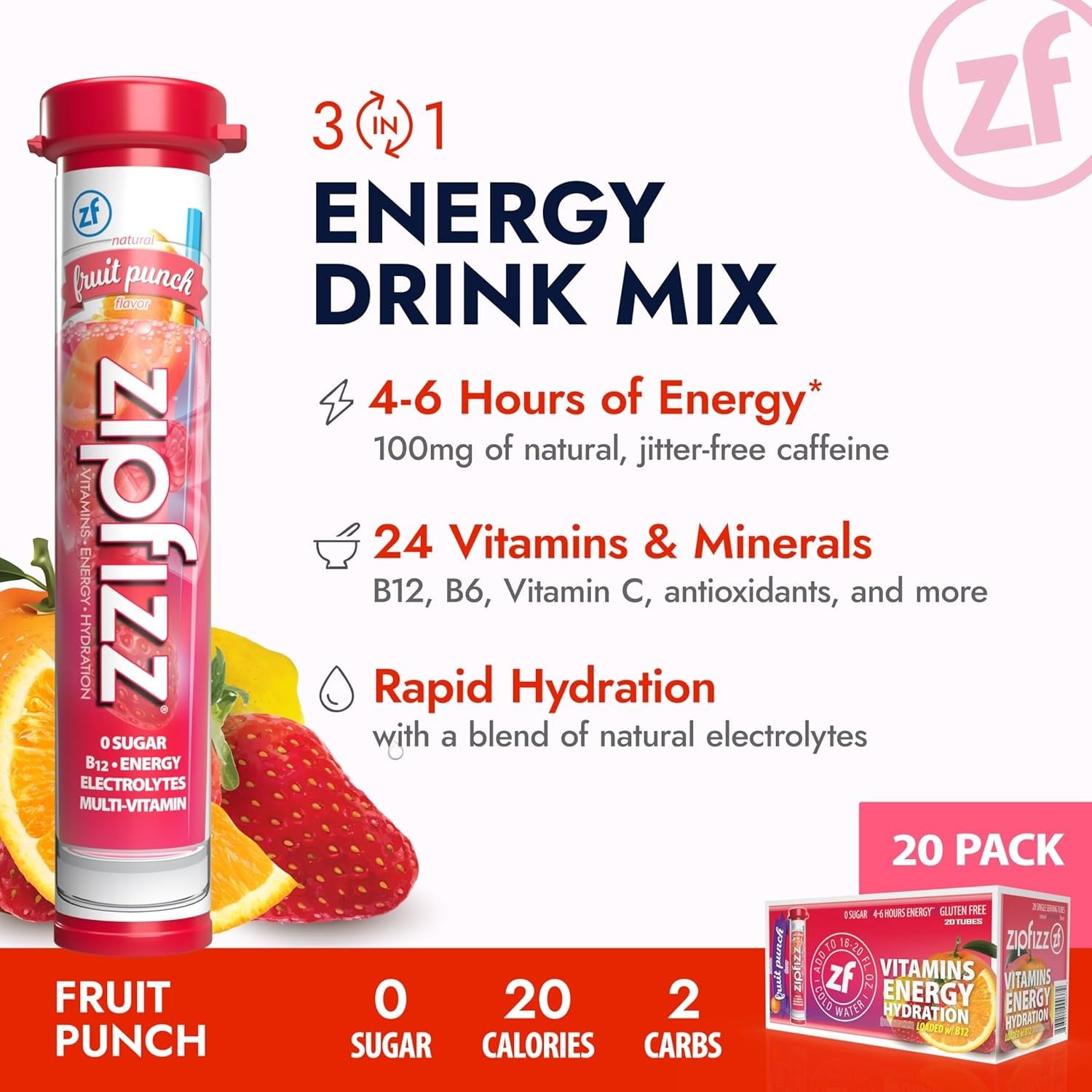 Zipfizz Daily Energy Drink Powder, Fruit Punch, 20 Pack 3-in-1 Sustained