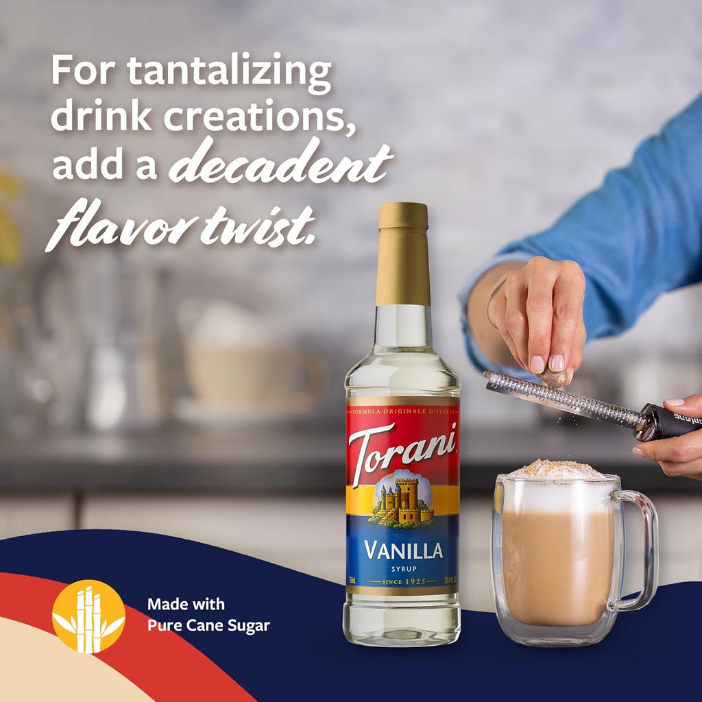 Torani Coffee Syrup, Vanilla Flavored Syrup for Drinks, Pump Included, 25.4