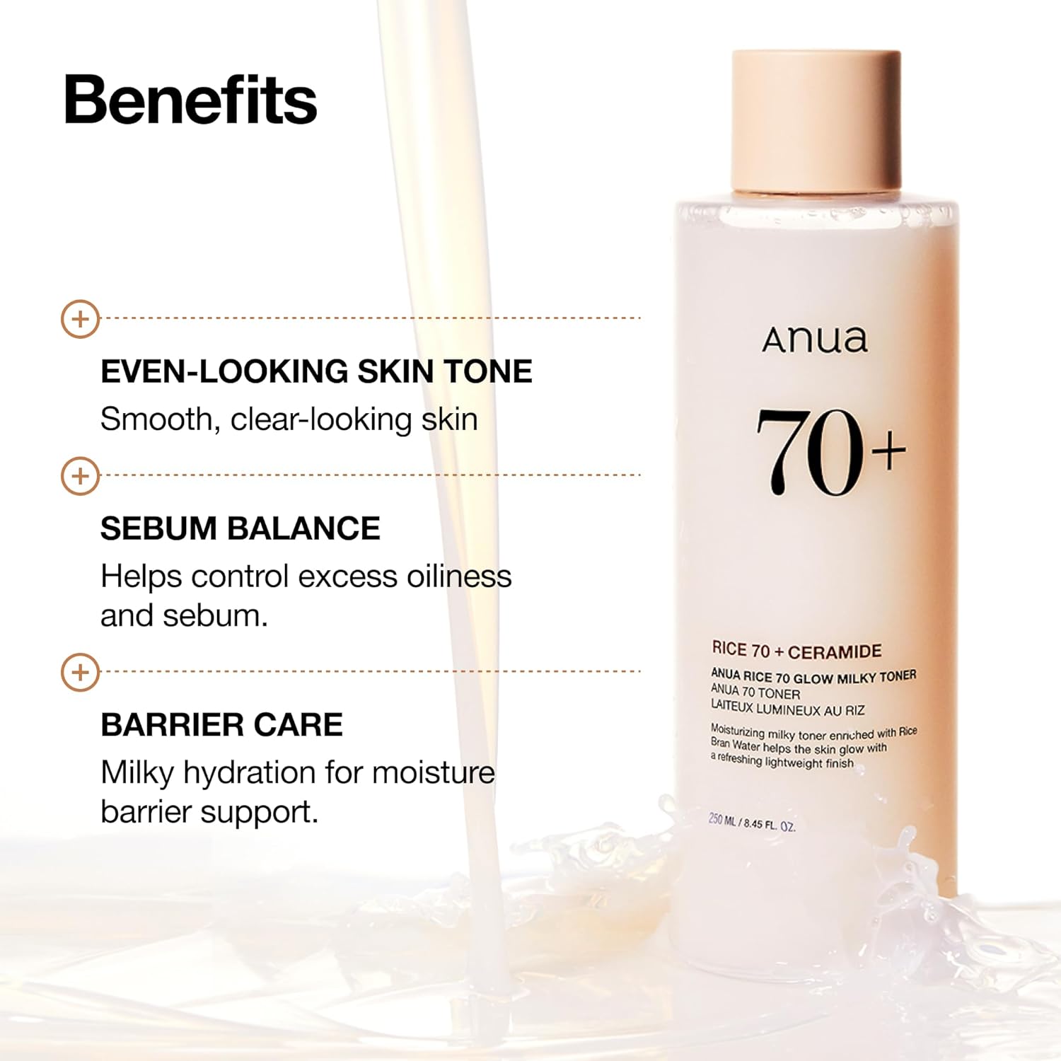 Anua Rice 70 Glow Milky Toner, Glass & Dewy Skin, Hydrating & Barrier Care
