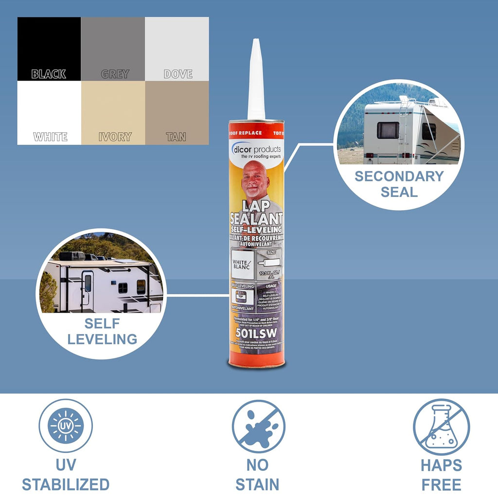Dicor 501LSW-1 Epdm Self-Leveling Lap Sealant-10.3 Oz. Tube, White, 10.3