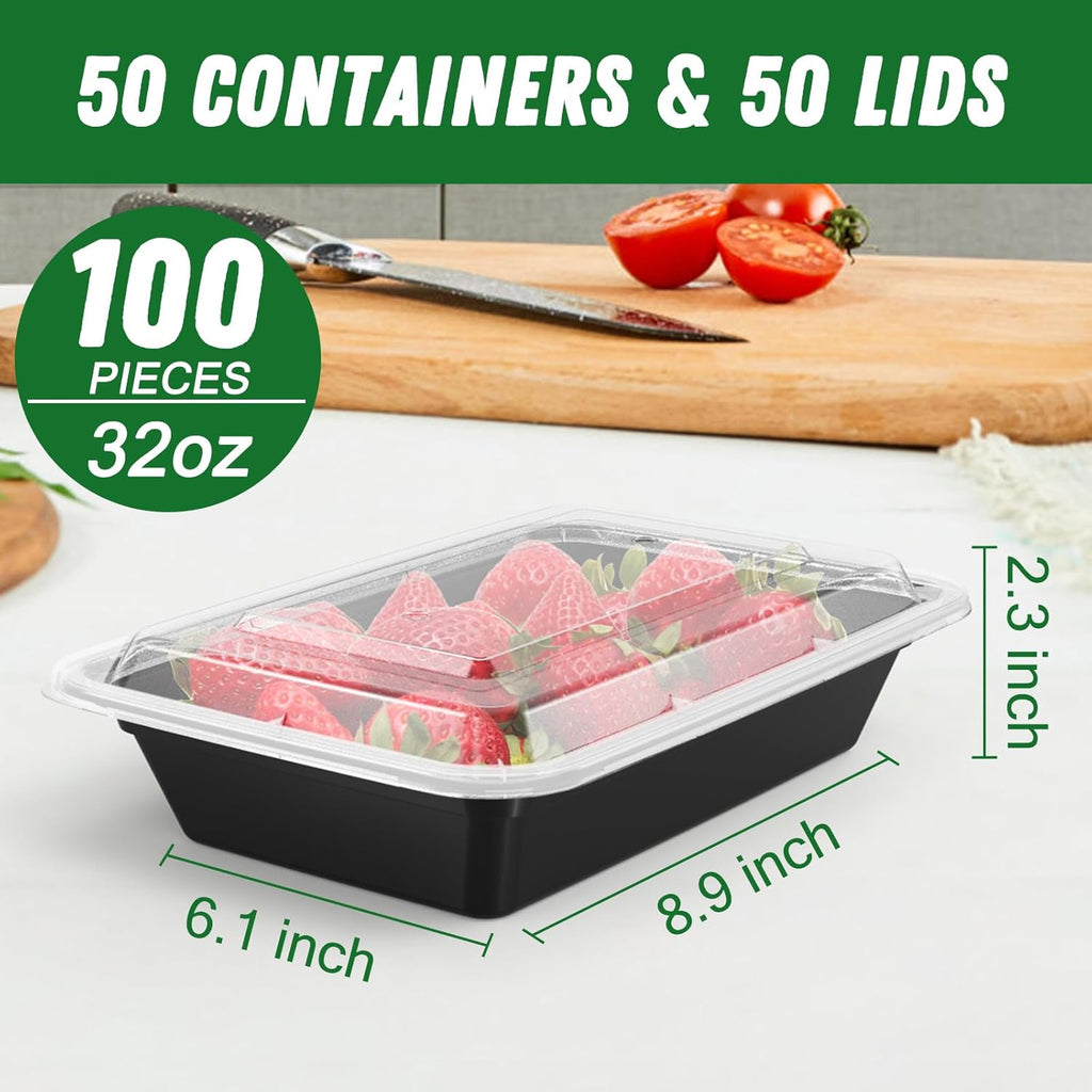 50 Pack (100-Piece) 32 oz Meal Prep Containers Reusable with Easy Open Lids