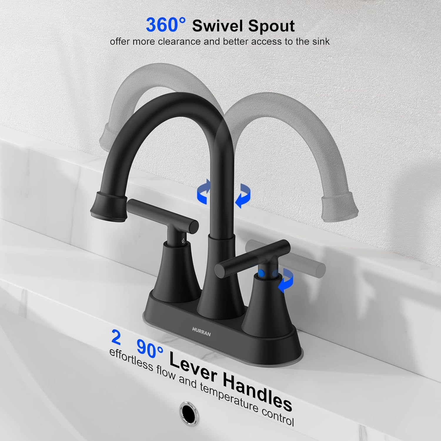 Bathroom Faucets for Sink 3 Hole, Hurran 4 inch Matte Black with Pop-up Drain