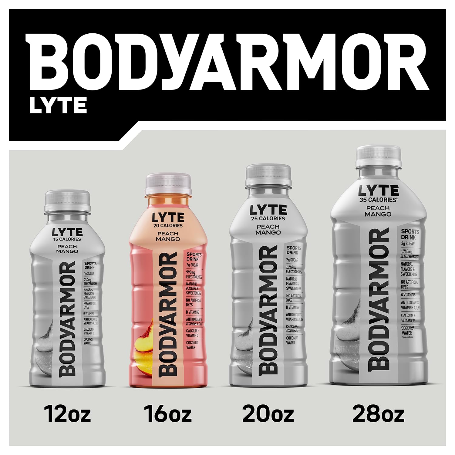 BODYARMOR LYTE, Peach Mango, Electrolyte Drink, 20 Calories, 16 Fl Oz Bottles
