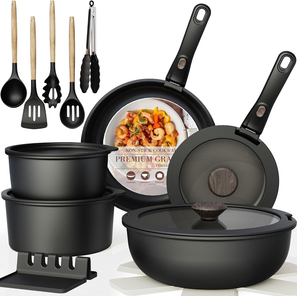 Astercook 21 Pcs Pots and Pans Set Non Stick, Ceramic Cookware Set Detachable Handle