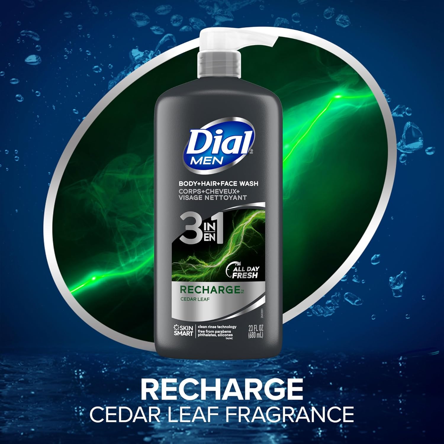 Dial Men 3in1 Body, Hair and Face Wash, Recharge, 69 fl oz (3-23 fl oz