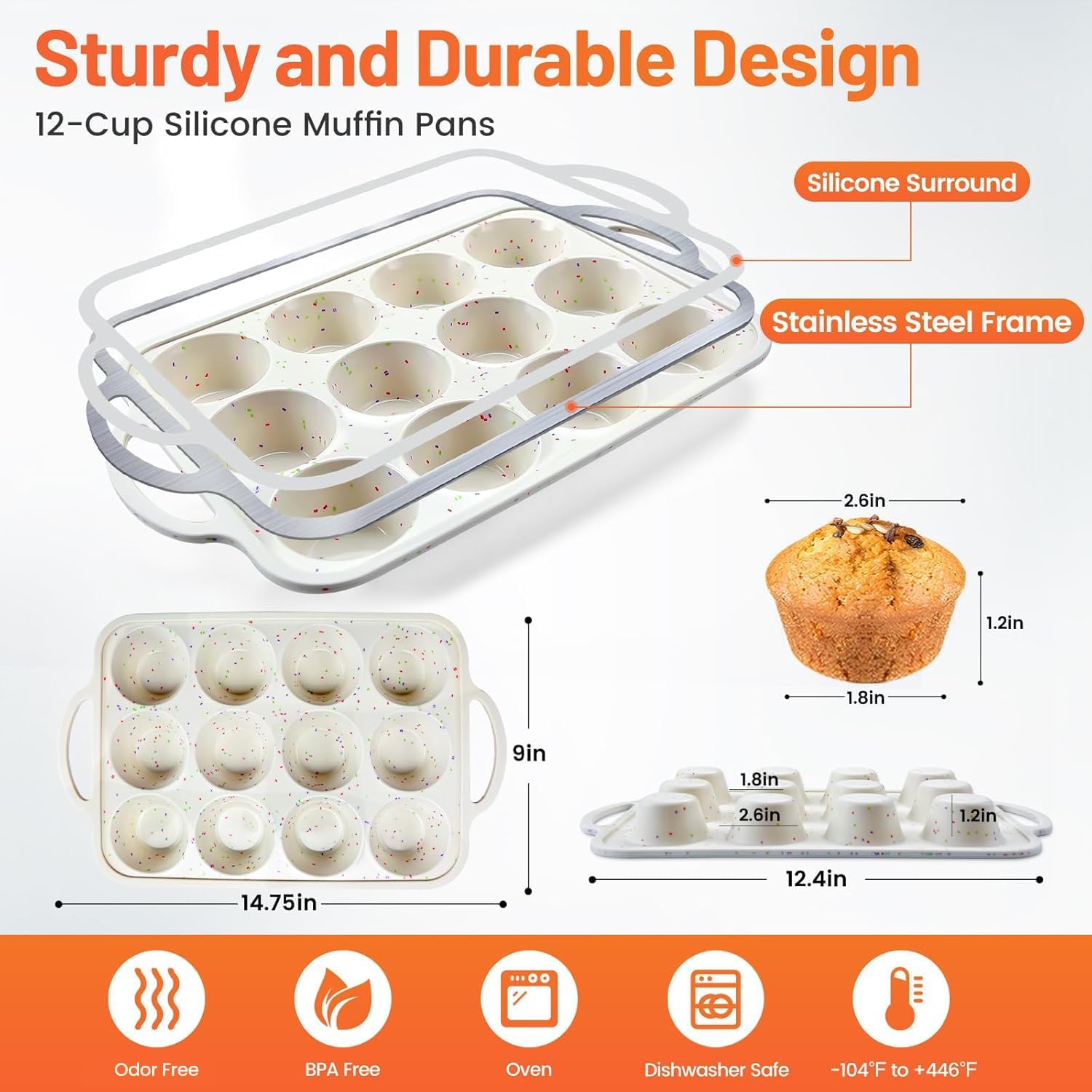 Vinino 2Pack Silicone Muffin Pan for Baking with Metal Reinforced Frame, 12