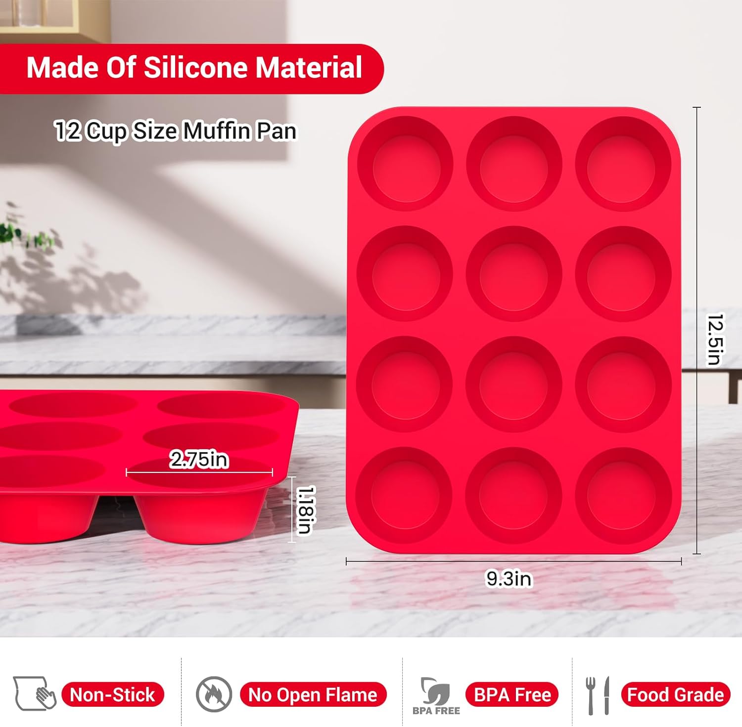 Redfly 2 Pack Silicone Muffin Pans for Baking & Cupcake Pan - 12 Cup Regular