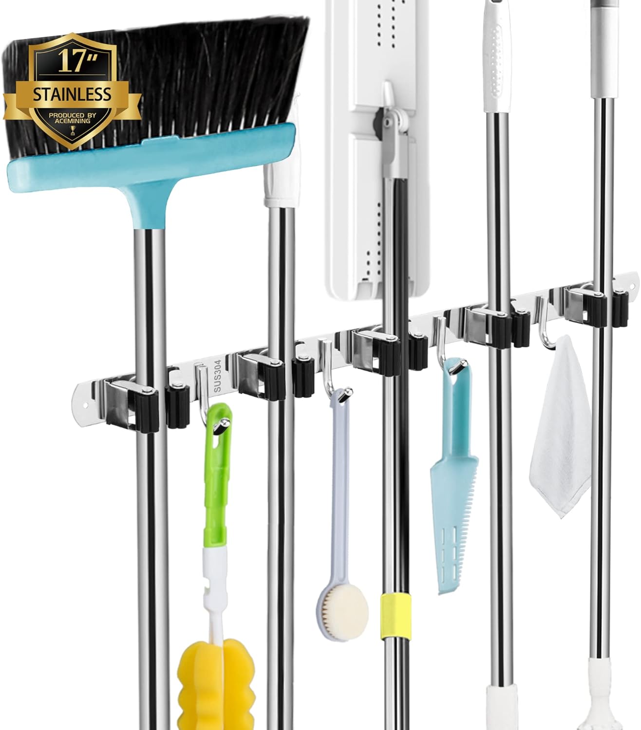 AceMining 5 Racks and 4 Hooks Mop and Broom Holder Wall Mount, Broom