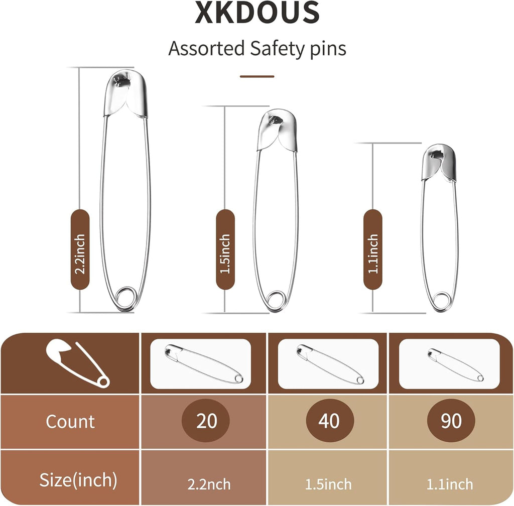 XKDOUS Safety Pins - 150 Pcs Assorted Sizes Silver Pins Bulk - Small & Large