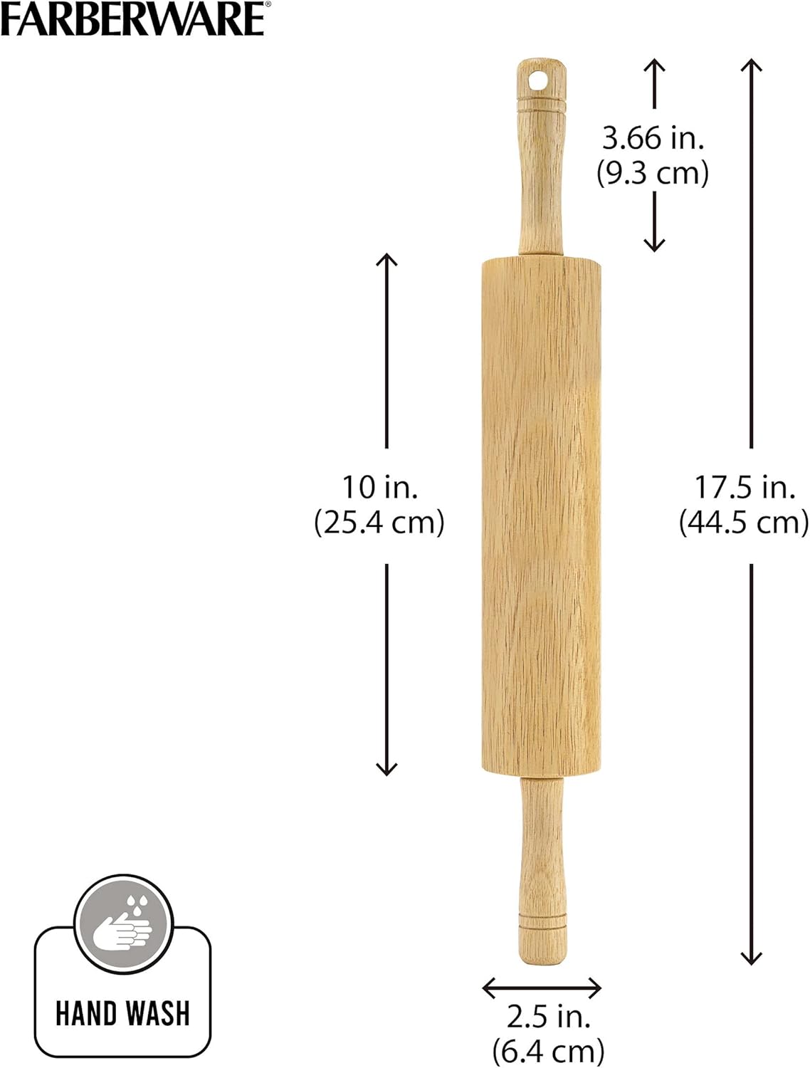 FARBERWARE Classic Wood Rolling Pin, 18-Inch Hardwood Dough Roller for Baking