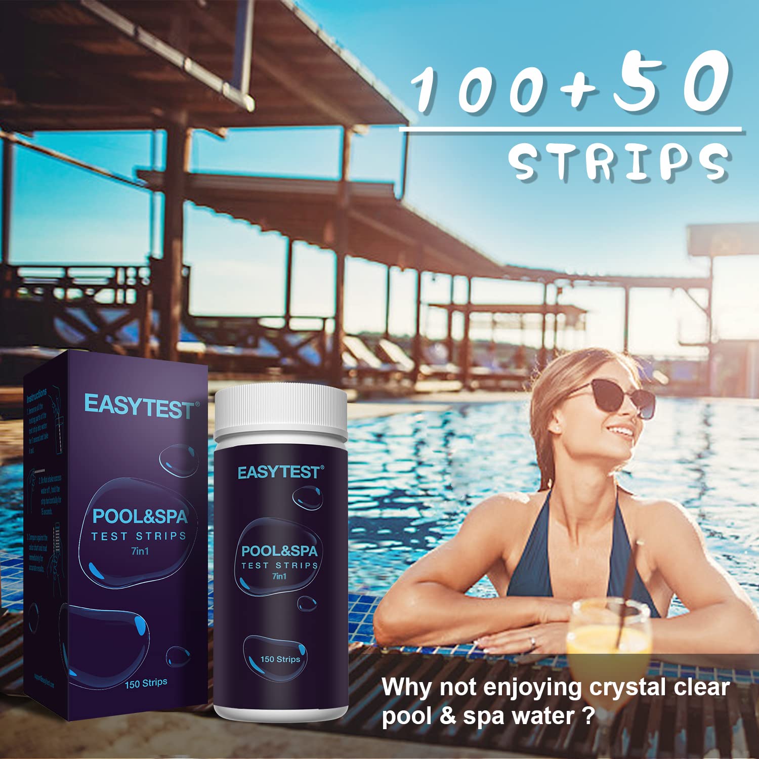 EASYTEST 7-Way Pool Test Strips, 150 Strips Water Chemical Testing for Hot