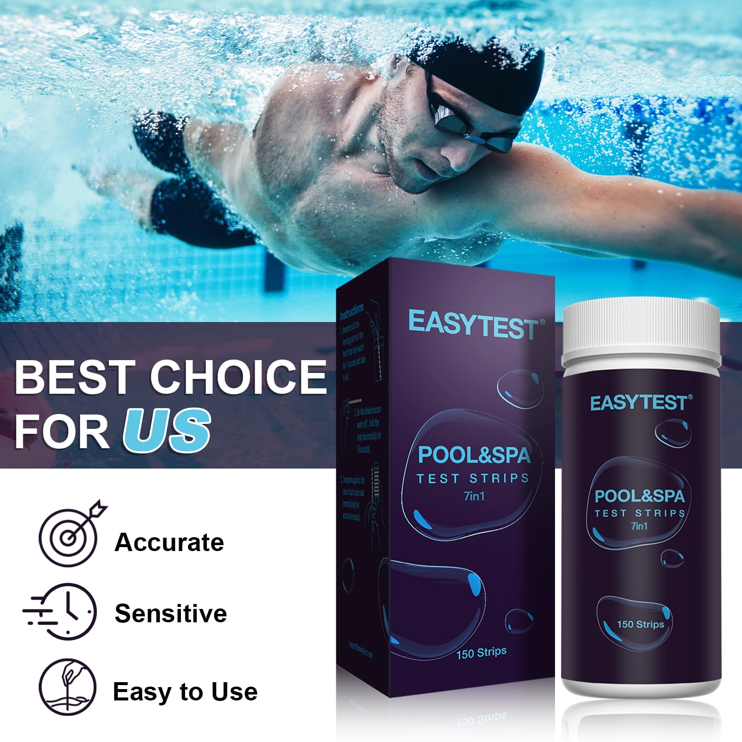 EASYTEST 7-Way Pool Test Strips, 150 Strips Water Chemical Testing for Hot