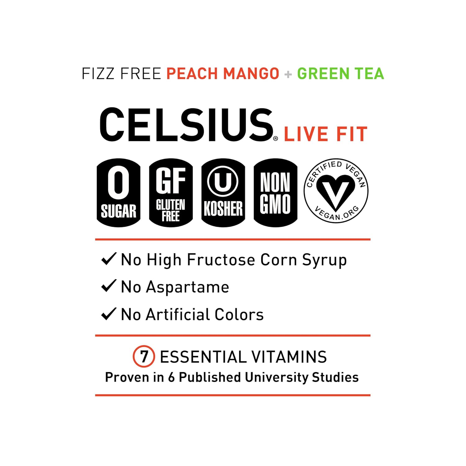 CELSIUS Fizz Free Peach Mango Green Tea, Sugar Free Energy Drink, 12 Fl Oz