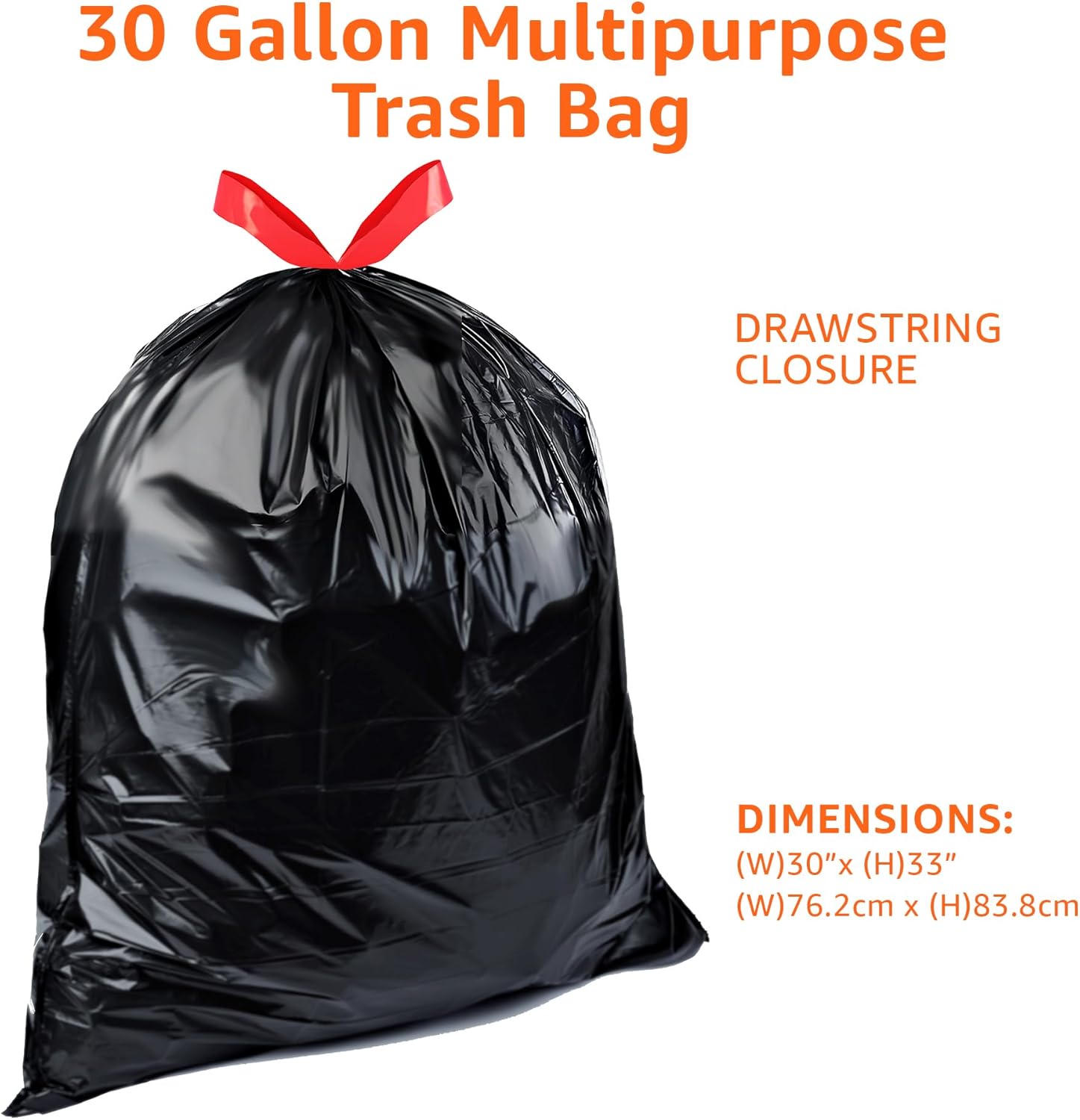 Amazon Basics Multipurpose Drawstring Trash Bags, 30 Gallon Capacity, Tear