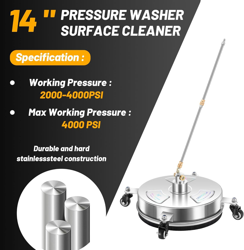 14" Pressure Washer Surface Cleaner with 4 Wheels - Stainless Steel Surface