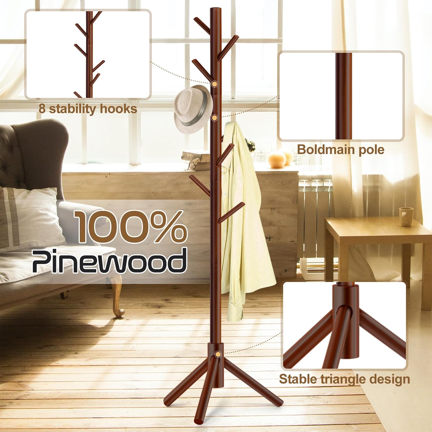 Solid Wooden Coat Rack Freestanding, New Zealand Pine Coat Tree with 8 Hooks