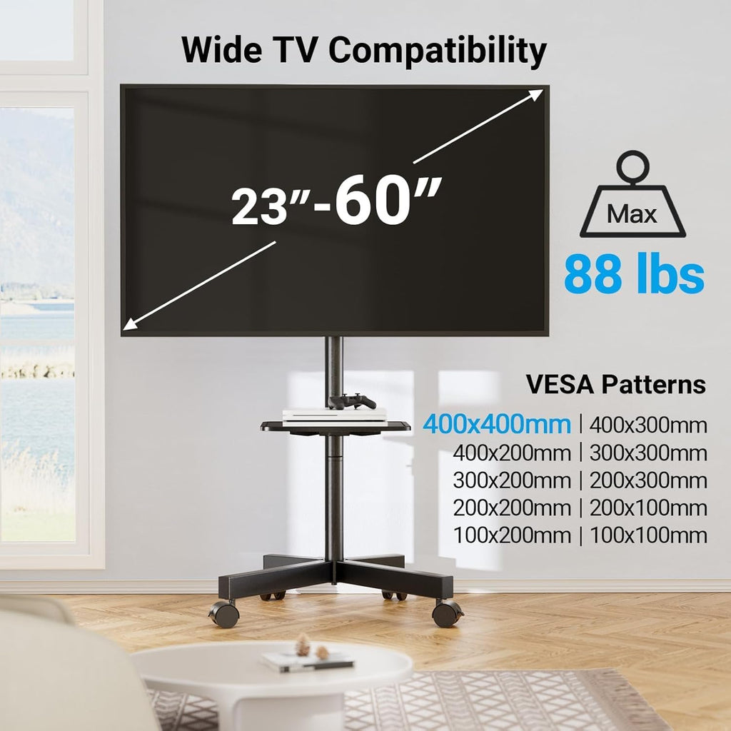 PERLESMITH Rolling TV Stand, Mobile TV Stand for 23-60 Inch LCD LED TVs, Tilt