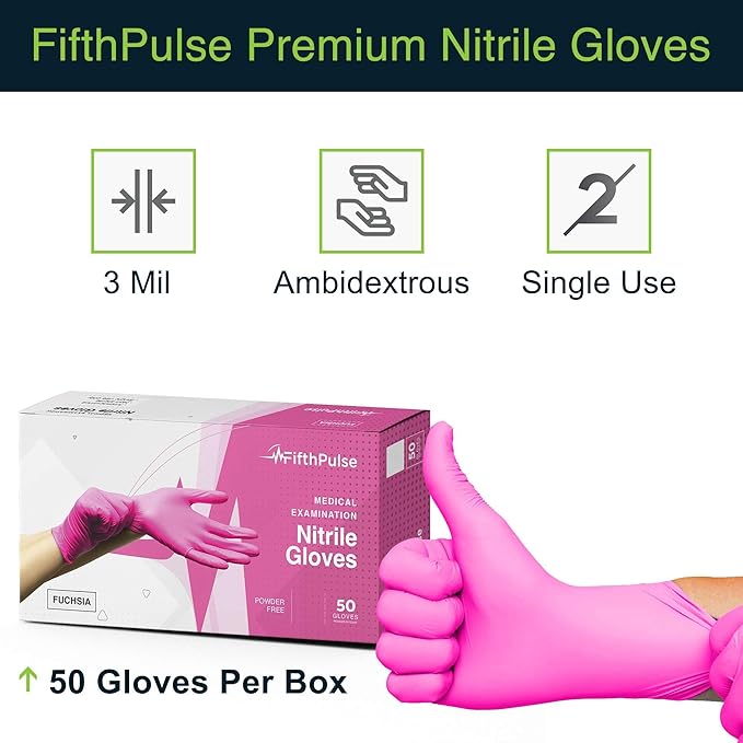 FifthPulse Fuchsia Hot Pink Nitrile Disposable Gloves - 3 Mil Nitrile