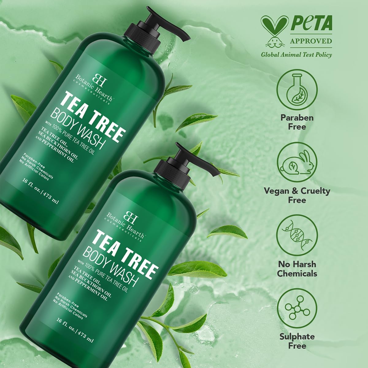 Botanic Hearth Tea Tree Body Wash 16 fl oz (2 Pack) Natural Antifungal & Odor