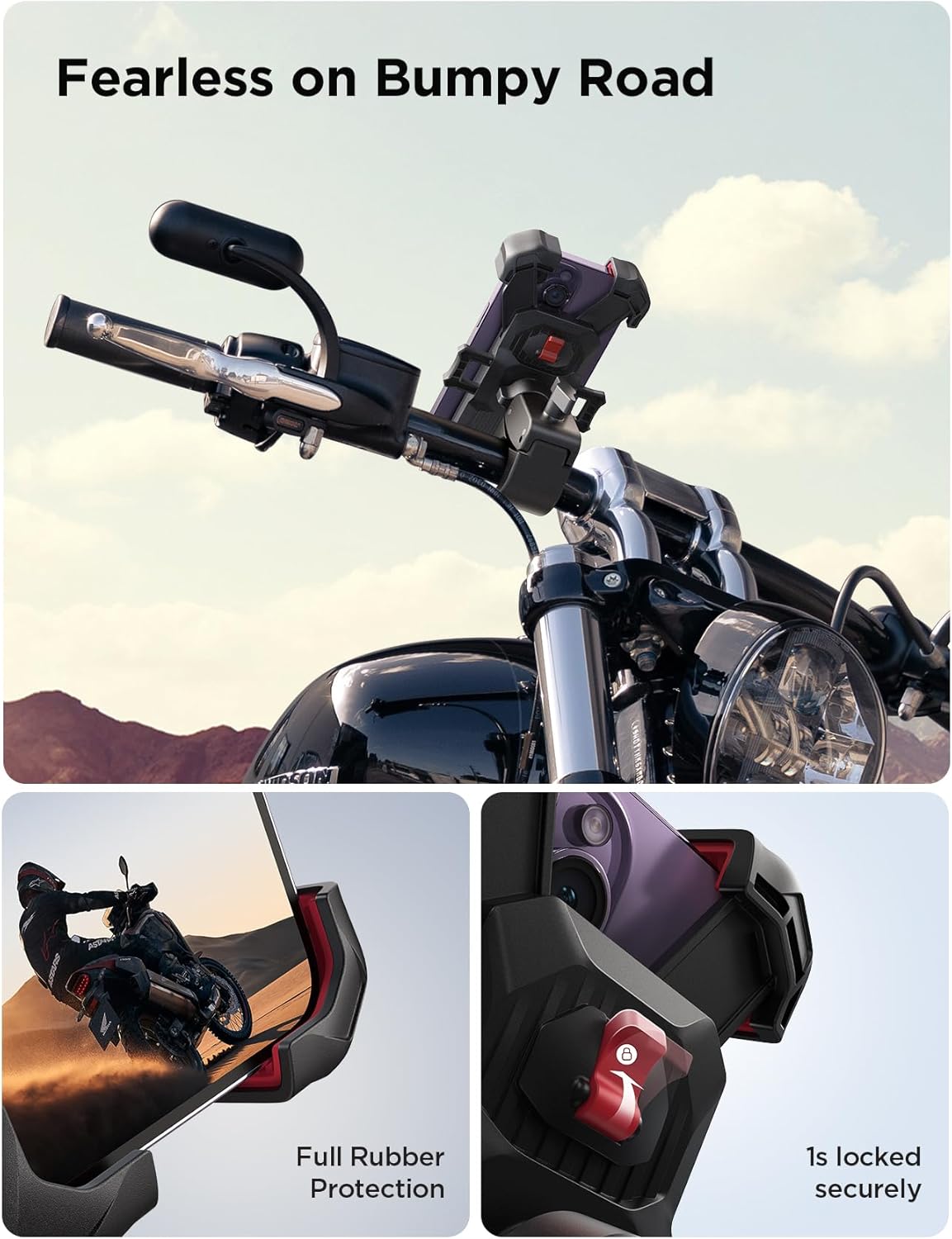 JOYROOM Motorcycle Phone Mount, 1s Auto Lock 100mph Military Anti-Shake Bike