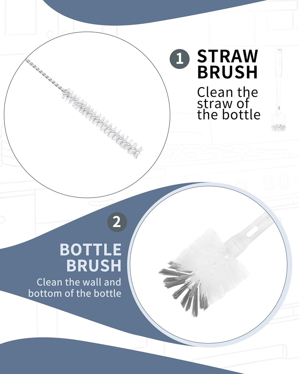 ROSEOK 2 in 1 Long Handle Bottle Brush with Straw Brush for Cleaning Glass