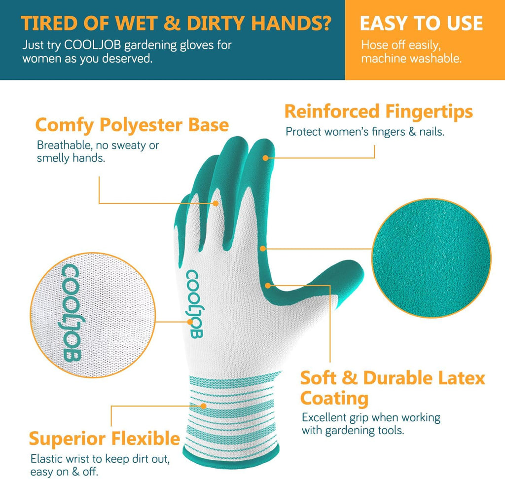 COOLJOB 2 Pairs Gardening Gloves for Women Ladies, Breathable Rubber Coated