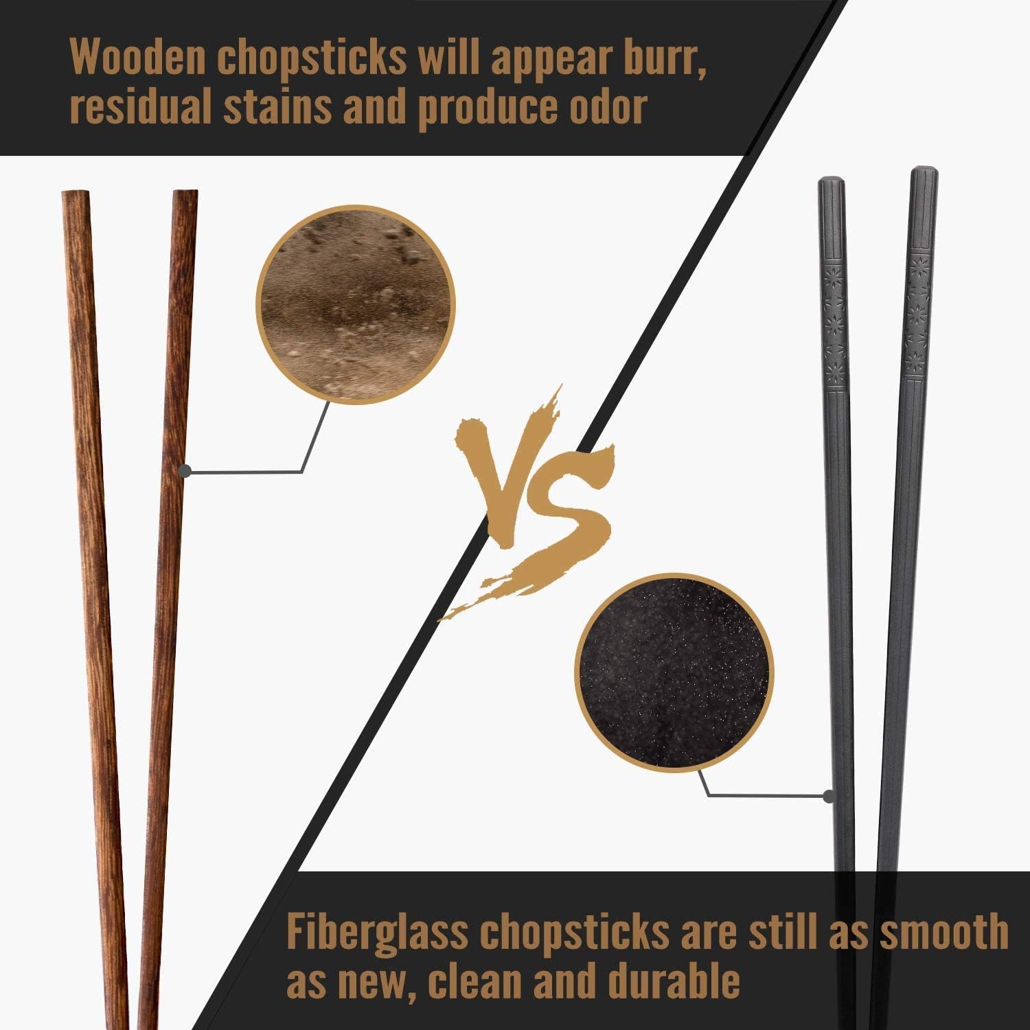 HIWARE 10 Pairs Fiberglass Chopsticks - Reusable Chopsticks Dishwasher Safe